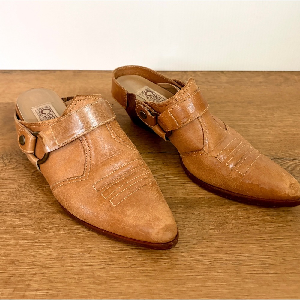 Vintage Circles Tan Leather Western Slingback Mules Size 7 Boho Cowgirl Heels